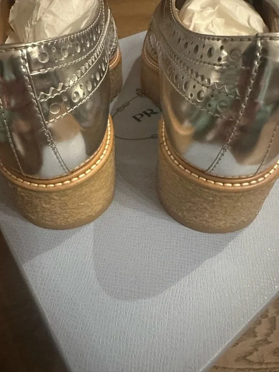 Prada Metallic Silver Wingtip Platform Loafers - Picture 3 of 8